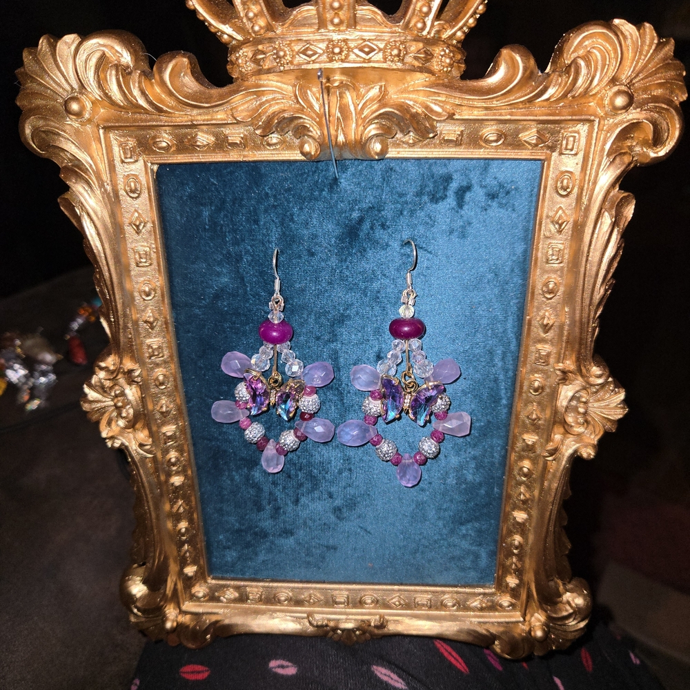 **SOLD ARTISAN Elegant Ruby, Rose De France, Purple Spinel Butterfly Earrings - Picture 3 of 6